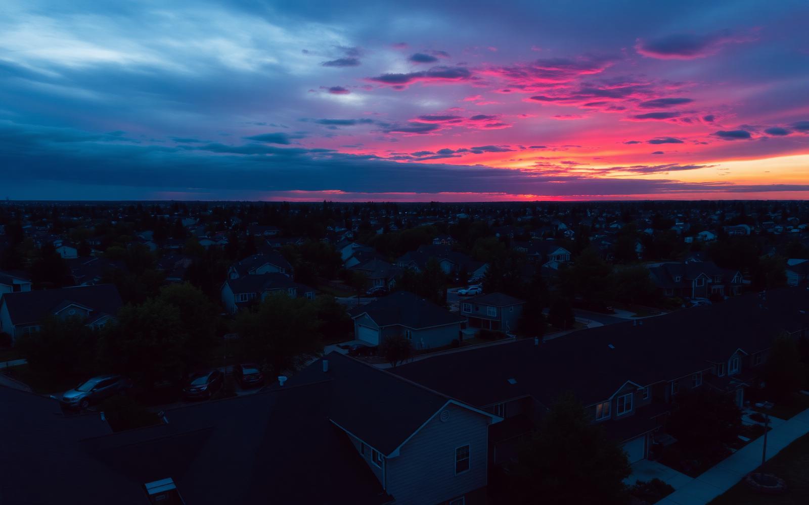 Aerial view of homes at dusk