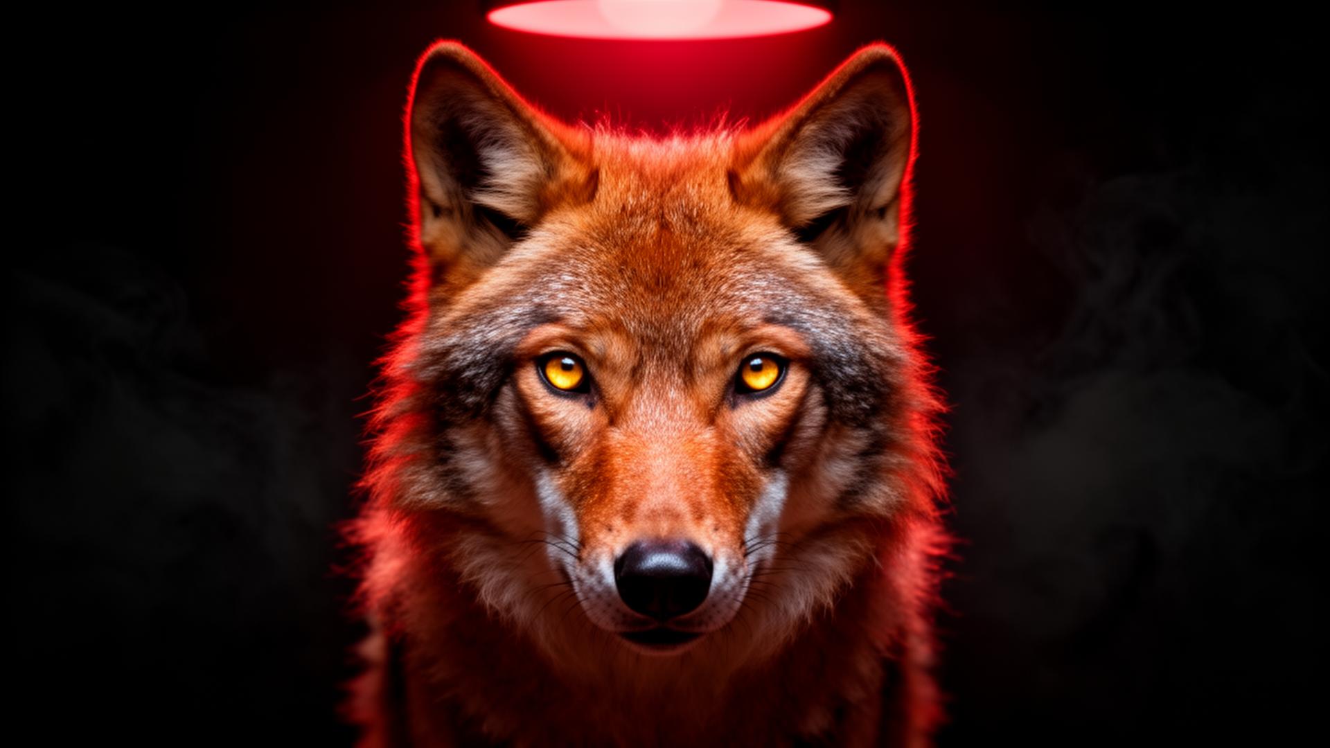 Red wolf head-on portrait with intense amber eyes and single overhead red key light